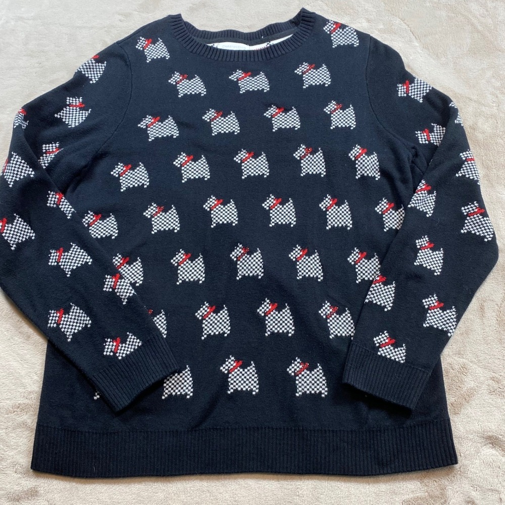 Charter Club Womens Navy Blue Scottie Dog Intarsia Crewneck Sweater Large